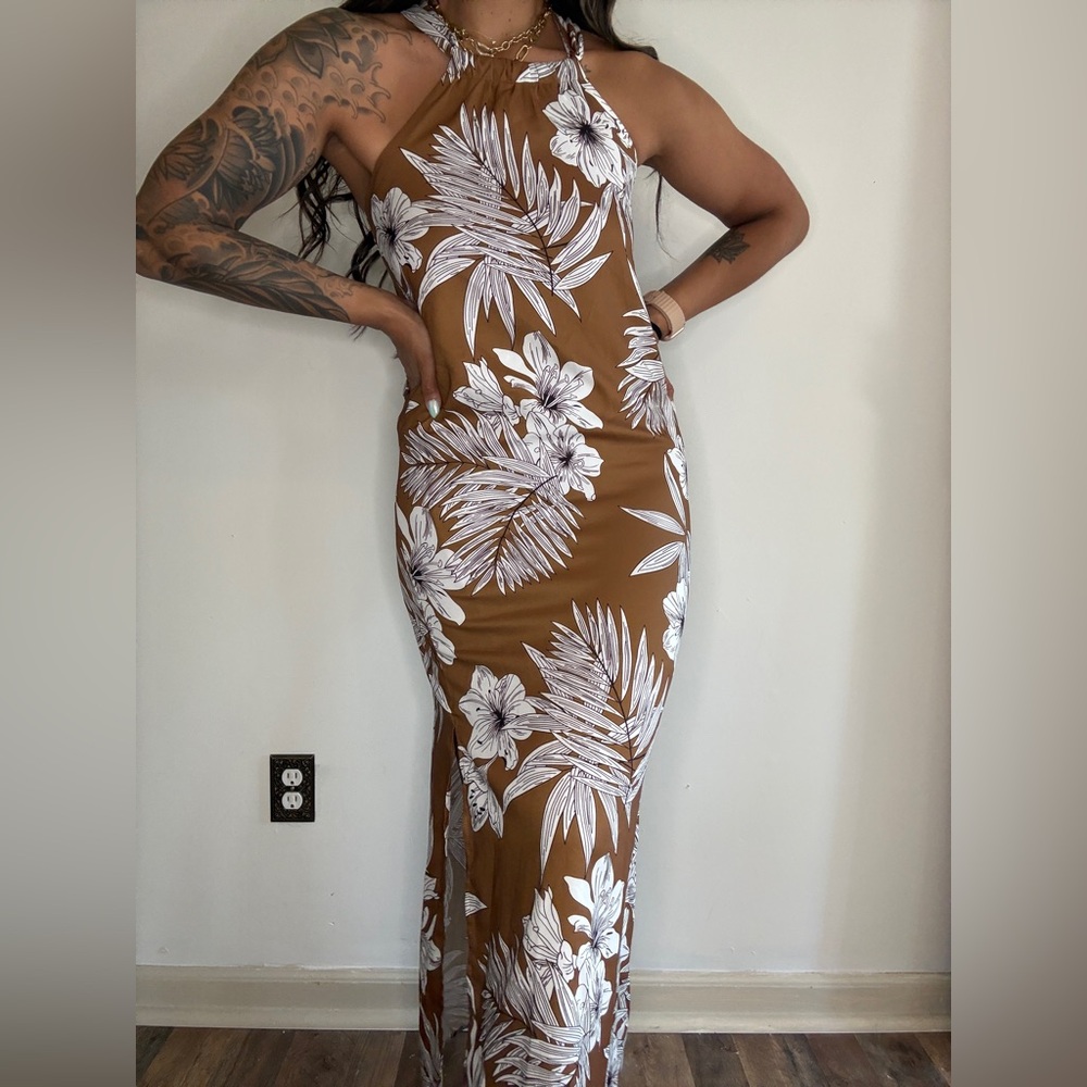 Jade Maxi Dress in Brown with White Tropical Print